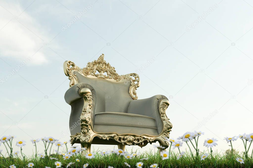 3d  illustration of a regal armchair on a green field