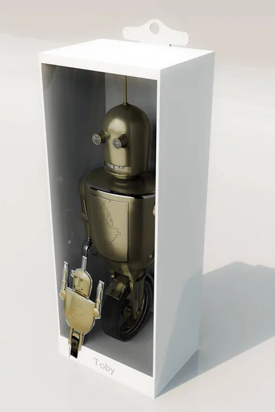 白色背景下孤立的机器人玩具3D插图 — 图库照片