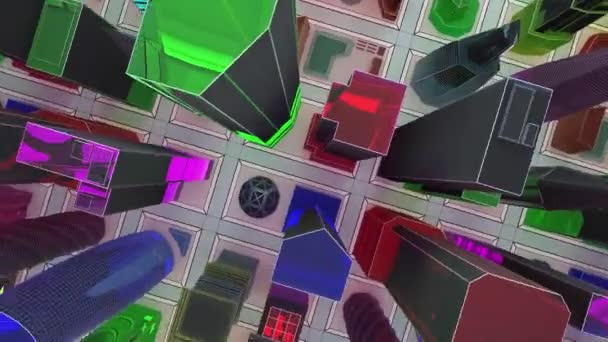 Flying over a mock-up of a glass city of skyscrapers. 3D animation for the promo video. Loop. — Stock Video