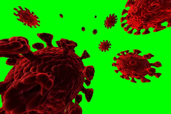 Uma ilustração mostrando a estrutura de um vírus epidêmico. Renderização 3D de um coronavírus em um fundo verde . — Fotografia de Stock