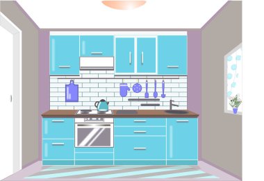 Mobilyalı mutfak. Mutfağın içi. Düz biçim vektör illüstrasyonu.