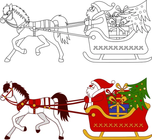 Horse driven Christmas sleigh with Santa. The coloring and color image — Stock Vector