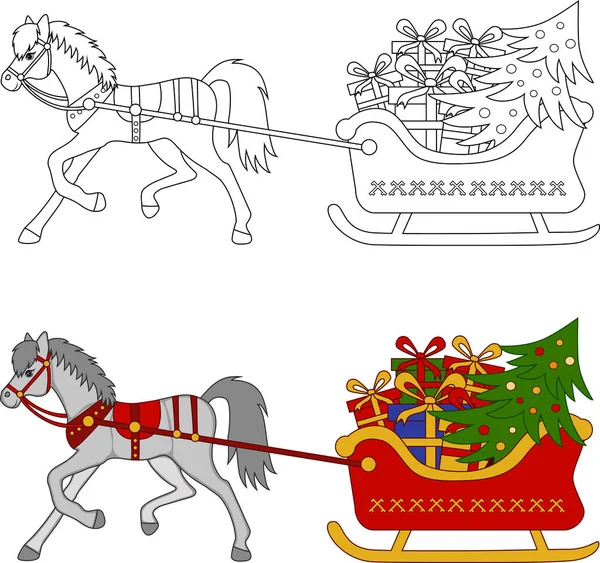 Trineo conducido pony gris con un árbol de Navidad y regalos. Colorear e imagen de color — Archivo Imágenes Vectoriales