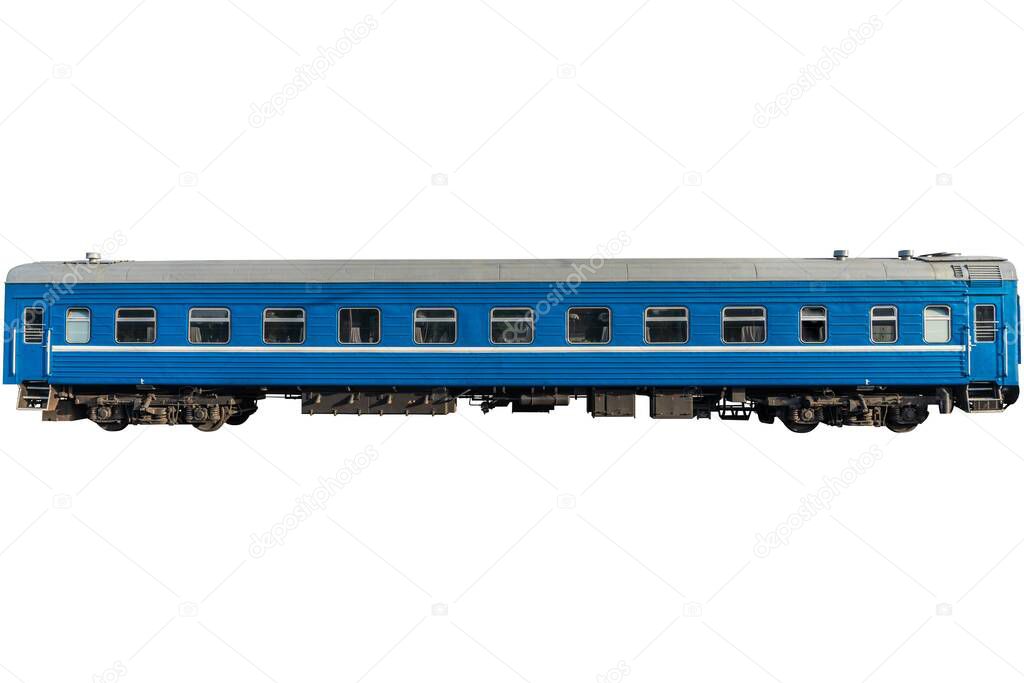 Blue passenger wagon isolated on white. Old soviet wagon.