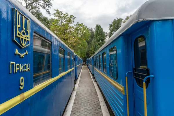 Dnipro, Ukrayna - 2020 Sonbaharı Çocuk Demiryolu Mavi Yolcu Treni.