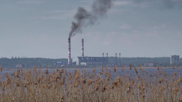 Rury Elektrociepłem Planują Brzeg Rzeki Mroczny Krajobraz Przemysłowy — Wideo stockowe