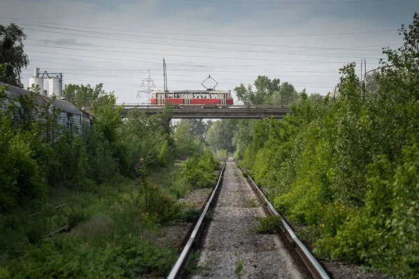 背景に赤いトラムで森の中の空の未使用の鉄道トラックを放棄し 陸橋を渡ります — ストック写真