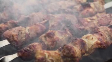 Aşçı, Shashlik 'i yavaş çekimde ızgaraya çeviriyor..