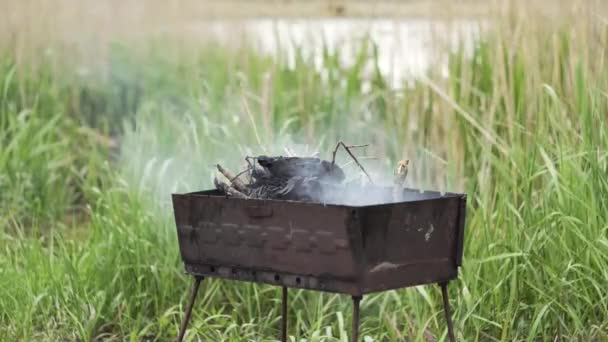 Ramas Madera Carbón Quemado Parrilla Para Cocinar Alimentos Fritos — Vídeos de Stock