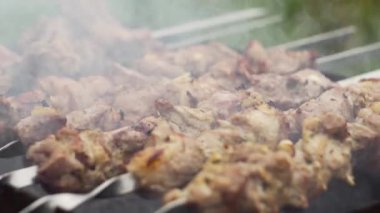 Et ızgarada şişte kızartılıyor, yakın çekim. Şaşlık pişirme. 