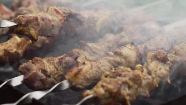 Μάγειρας Γυρίζει Σουβλάκια Τηγανητό Κρέας Στη Σχάρα Κοντά Μαγείρεμα Του — Αρχείο Βίντεο