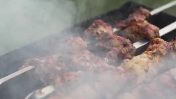 Stekte Svineribber Stekt Stekespidd Grillen Nære – stockvideo