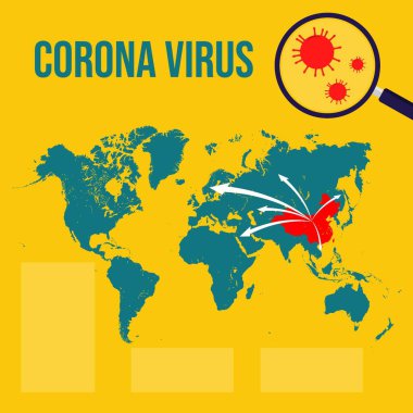 Dünya haritalı korona virüsü. Korona virüsü yayılmış. Virüs ve lop ikonu. İzole edilmiş harita dünyası. Bilgi grafik şablonu. Sosyal medya paylaşımı, broşür, poster.
