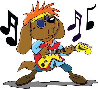 Kahverengi çizgi film köpeği elektronik gitar çalıyor ve rock and roll vektör illüstrasyonunu söylüyor.