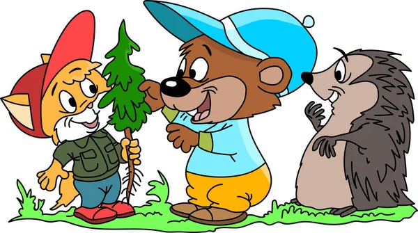 Kreskówkowy Kot Niedźwiedź Jeż Idący Lasu Zasadzić Drzewa Wektor Ilustracja — Wektor stockowy