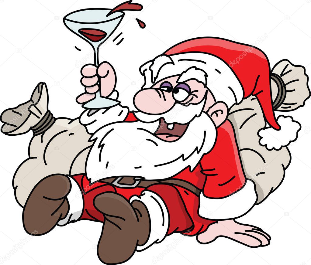 Cartoon drunk Santa Claus lying on his sacks full of gifts drinking wine vector illustration