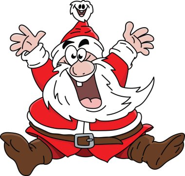Çizgi film Noel Baba havada zıplıyor ve yeni yıl vektör illüstrasyonunu kutluyor.
