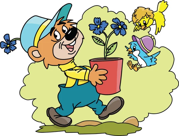 Cartoon Niedźwiedź Niosący Doniczkę Pełną Niebieskich Kwiatów Wektor Ilustracji — Wektor stockowy