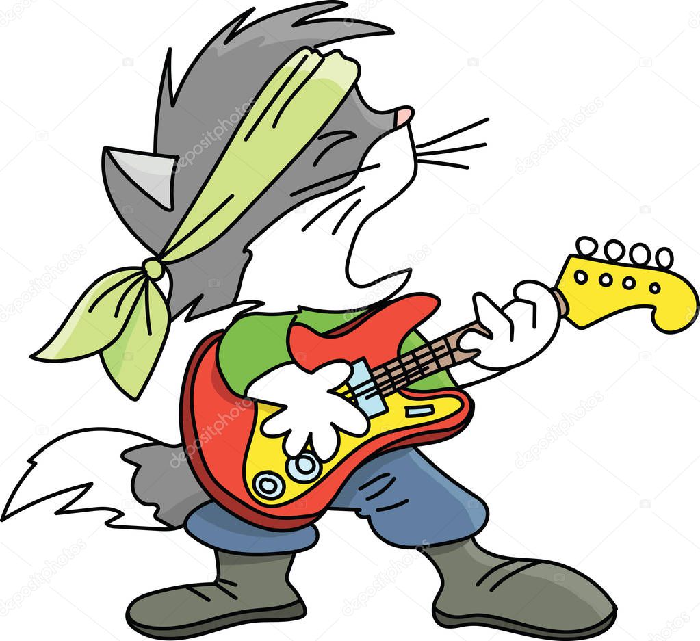 Grey cartoon cat playing electronic guitar and singing rock and roll vector illustration