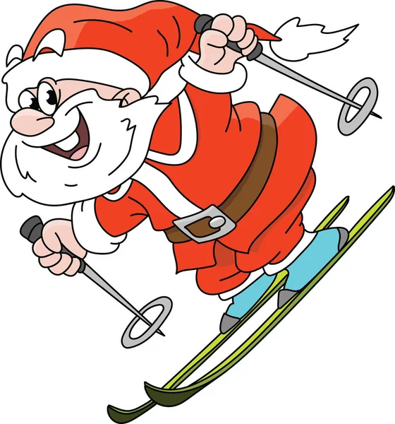 Мультфильм Санта Клаус Зимних Каникулах Катания Лыжах Счастливо Векторной Иллюстрации — стоковый вектор