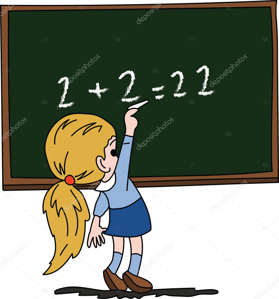 Blond cartoon girl making calculations on  chalkboard vector illustration