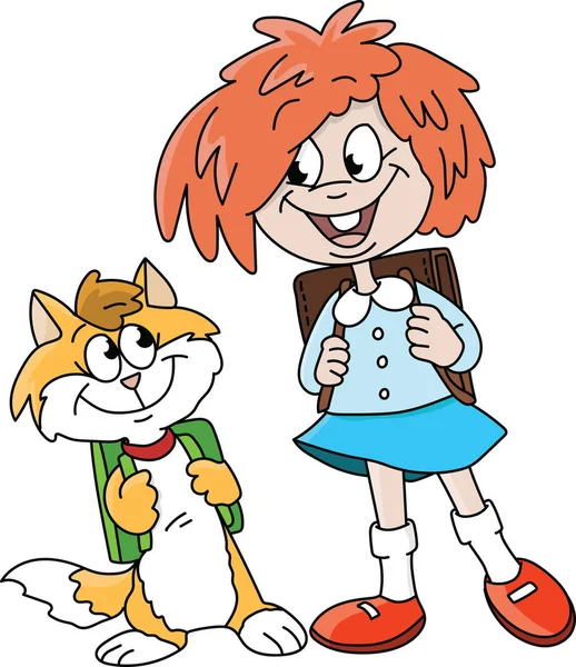 漫画の女の子と彼女の猫友人とともにバックパックへ学校ベクトルイラスト — ストックベクタ