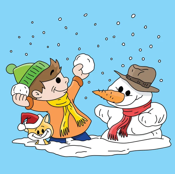 Cartoon Junge Zusammen Mit Seiner Katze Und Einem Schneemann Schneeball — Stockvektor