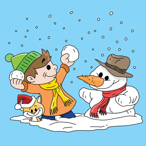 Cartoon boy together with his cat and a snowman playing snowball and have fun vector illustration — Stock Illustration Cartoon Boy Together His Cat Snowman Playing Snowball Have Fun Stock Vector