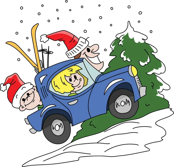 Cartoon Οικογένεια Πρόκειται Για Χειμερινές Διακοπές Μπλε Αυτοκίνητο Διανυσματική Απεικόνιση — Διανυσματικό Αρχείο