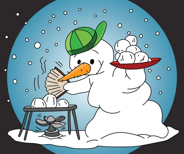 Cartoon Snowman Making Barbecue Vector Illustration — Stock Vector