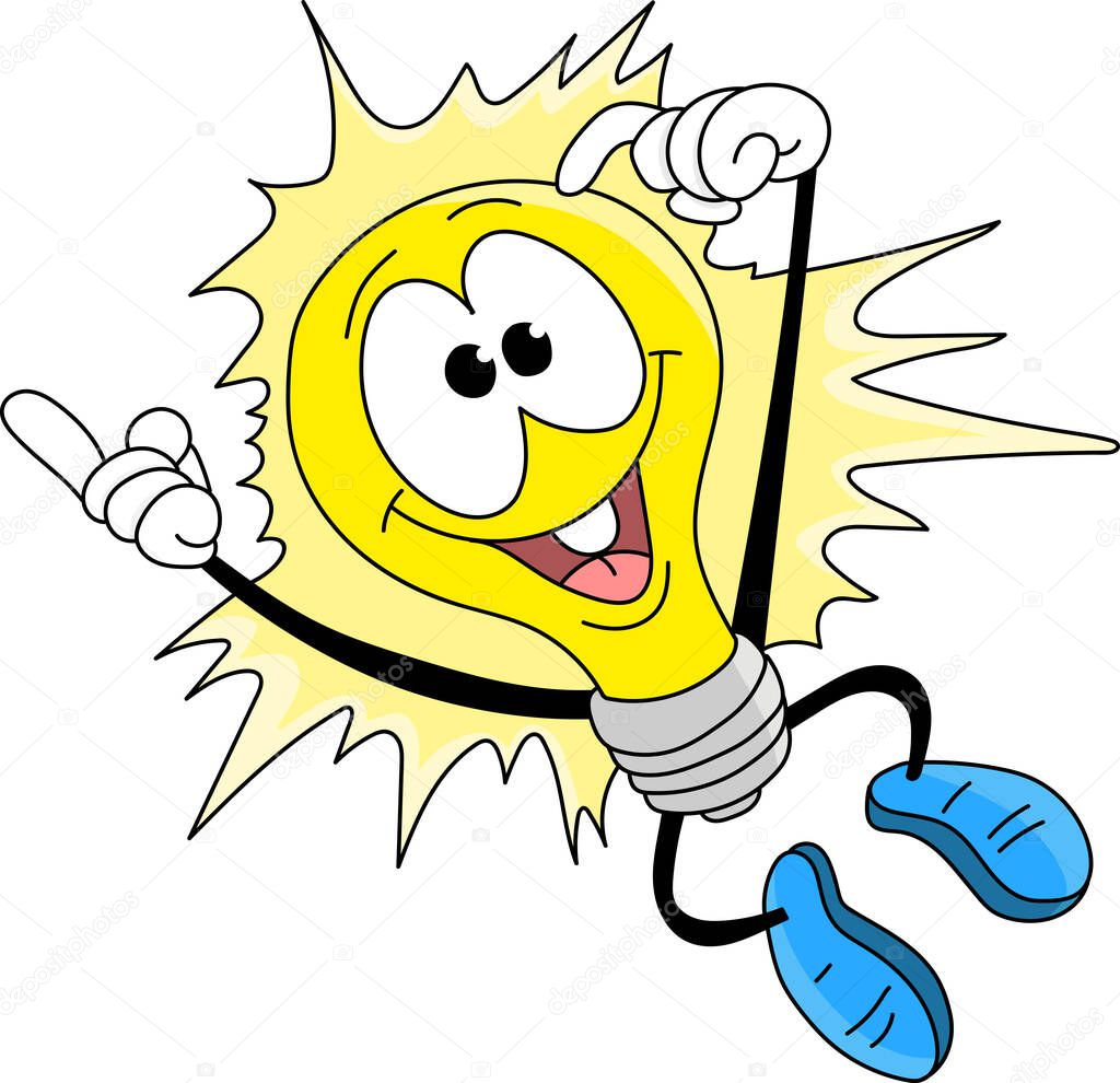 Cartoon light bulb jumping in the air happily vector illustration