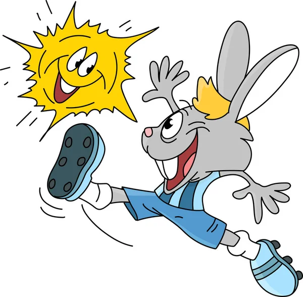 Conejo Dibujos Animados Jugando Fútbol Con Sol Brillando Por Encima — Vector de stock