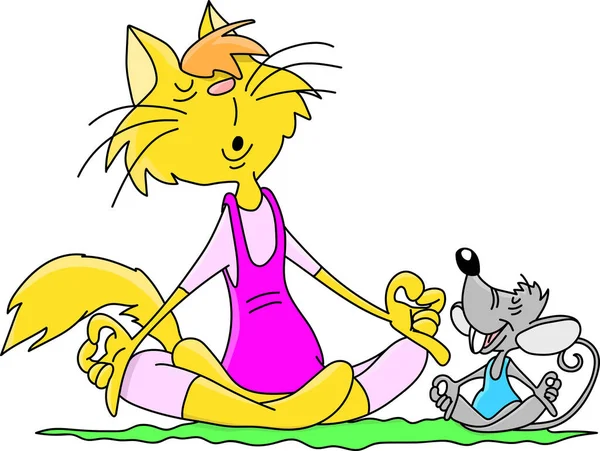 Desenhos Animados Gato Mouse Sentado Uma Posição Lótus Fazendo Ioga — Vetor de Stock
