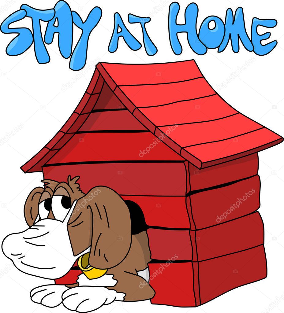 Cartoon dog sitting inside his doghouse wearing a protective mask against corona virus vector illustration