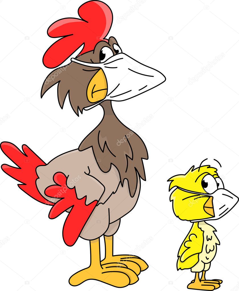 Cartoon chicken and her baby chick wearing a protective mask against Corona virus vector illustration
