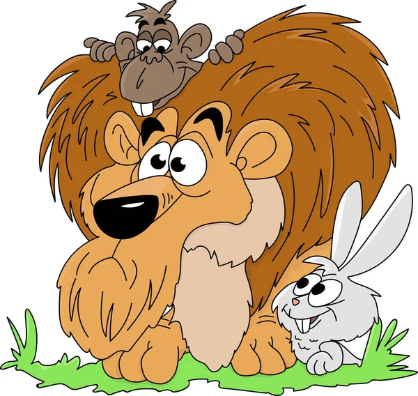 森林病媒图上的卡通狮子 猴子和兔子在观望 — 图库矢量图片