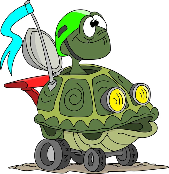 Tecknad Sköldpadda Kör Sitt Skal Som Jeep Vektor Illustration — Stock vektor