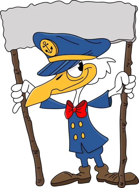 Cartoon Seagull Captain Drží Prapor Svých Rukou Vektorové Ilustrace — Stockový vektor
