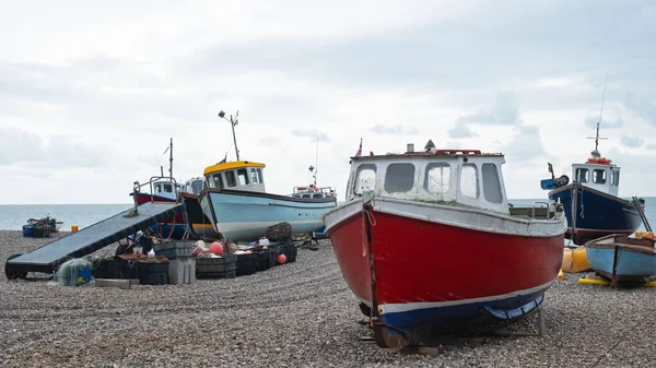 Die Lokale Fischereiflotte Strandete Kiesstrand Von Beer Süden Von Devon — Stockfoto