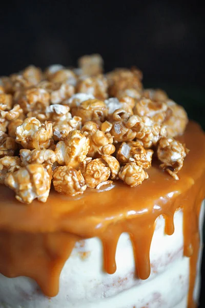 Caramel party cake with popcorn