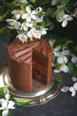 Karanlık bir arka plan, seçici odak elma ağaçları çiçekleri ile çikolatalı kek