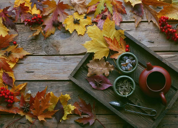 Herfst thee, theepot op een houten ondergrond, Autumn leaves — Stockfoto