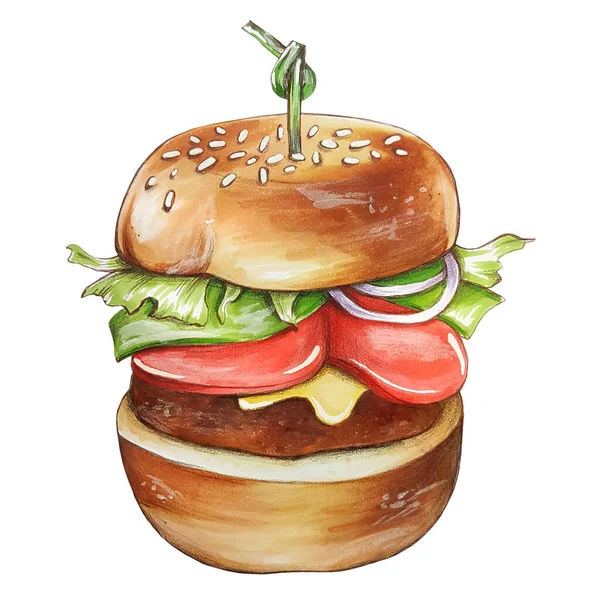 Hús Burger Kéz Vázlat Illusztráció Izolátum — Stock Fotó