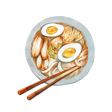 Ramen çorbası, Asya yemeği, işaret çizimi, el çizimi illüstrasyonu, izole edilmiş.