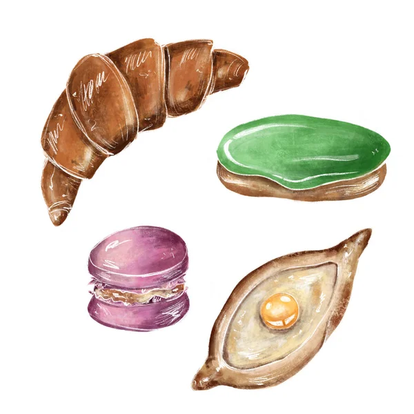 Khachapuri Croissant Macaroon Eclair Élelmiszer Mix Vázlat Szaporodás Raster Illusztráció — Stock Fotó
