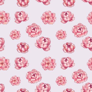 Kusursuz desen, pembe çiçek stili, şakayıklar, sakura, elma ağacı, gül, illüstrasyon üretimi, pembe arka plan.