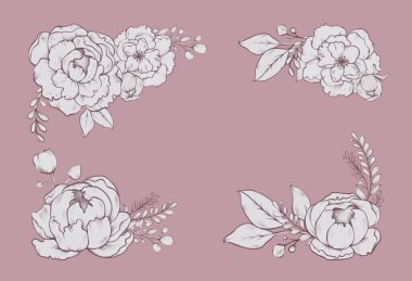 Grafik çiçekler, pembe arkaplanda resimler, kartvizit, kartpostal.