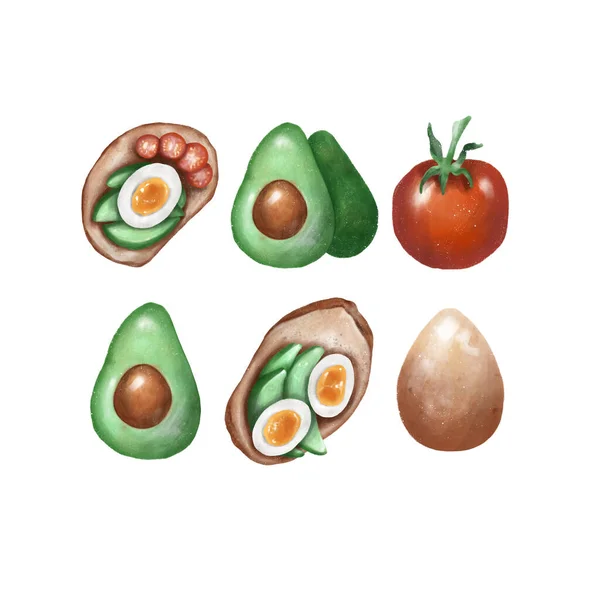 Sticker Pack Toasts Avocat Tomate Oeuf Illustration Raster Esquisse Procreate — Photo