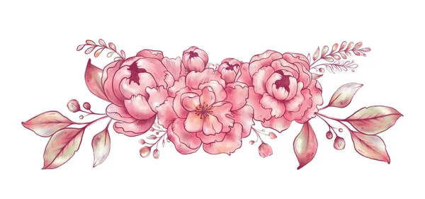 Stilizzazione Fiori Rosa Peonie Sakura Melo Rosa Illustrazione Procreare Biglietto — Foto Stock