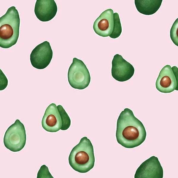 Avocado Set Pattern Procreate Σκίτσο Raster Εικονογράφηση Ανοιχτό Ροζ Φόντο — Φωτογραφία Αρχείου